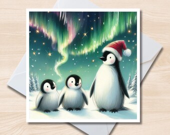Carte de voeux de famille de pingouins de Noël - carte de correspondance carrée 6 x 6, intérieur vierge, carte de Noël, faune arctique, aurores boréales