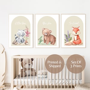 Neutral Woodland animals wall art, set of 3 art prints, Childrens room decor, baby boy, baby girl woodland theme, UNFRAMED