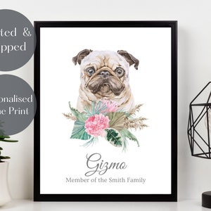 Pug portrait, custom Dog wall art, black fawn Pug print watercolour, pet lover gift, pet memorial picture, mothers day present