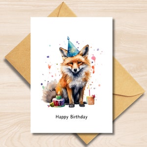 Red Fox verjaardagskaart, a6 wenskaart voor dierenliefhebbers, schattige vos met verjaardagstaart, voor vriendin, vriend