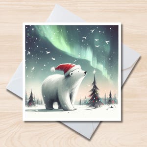 Christmas Polar bear Greetings Card – 6x6 Square Note Card, Blank Inside, Christmas Card, Arctic wildlife, Northern lights