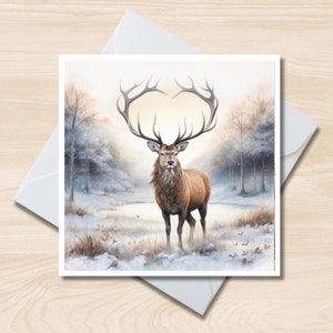 Deer Greetings Card – 6x6 Square Note Card, Blank Inside, Christmas Card, Birthday Card, British wildlife, snowy scene