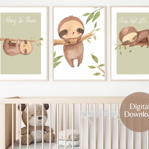 SET Of 3 SLOTH PRINTS, Sleepy Baby Sloth Nursery Decor, Woodland Nursery Tropical Animal Wall Art Prints, Watercolor Jungle Nursery Decor