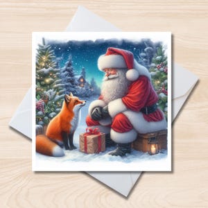 Carte de voeux Père Noël et renard - Carte de correspondance carrée 6 x 6, Vierge à l'intérieur, Carte de Noël, Carte d'anniversaire, Animaux sauvages britanniques, Sapin de Noël