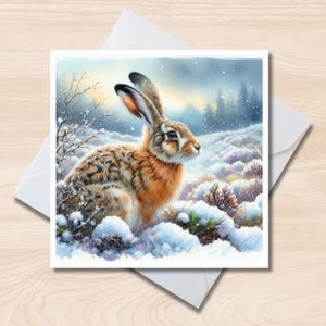 Winter Kaninchen Grußkarte - 15x15 quadratische Karte, innen leer, Weihnachtskarte, Geburtstagskarte, britische Wildtiere, Hase, verschneite Szene