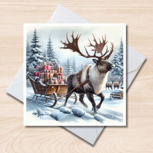 Reindeer pulling sleigh Greetings Card – 6x6 Square Note Card, Blank Inside, Christmas Card, xmas wildlife