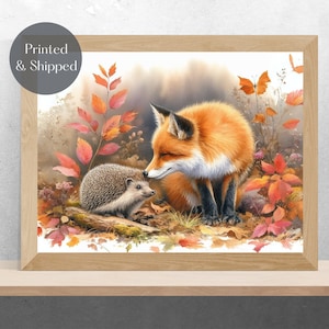 FOX AND HEDGEHOG, fox Wall Art, british wildlife picture, Autumn Leaves decor Unframed