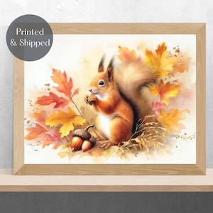 RED SQUIRREL PRINT, Squirrel Wall Art, british wildlife picture, Autumn Leaves decor Unframed