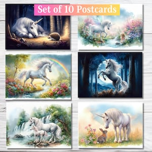 UNICORN POSTCARD SET, set of 10 mixed design whimsical unicorn postcards, cute stationary, A6 Fantasy mini prints, postcrossing