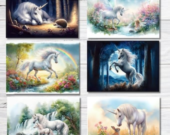 UNICORN POSTCARD SET, set of 10 mixed design whimsical unicorn postcards, cute stationary, A6 Fantasy mini prints, postcrossing