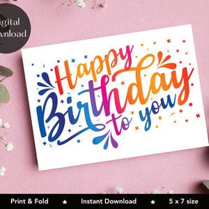 Printable Happy Birthday Card, Rainbow Greetings Card, Print At Home