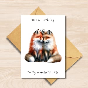 Tarjeta de cumpleaños de Fox para mi esposa, dos zorros enamorados, tarjeta de felicitación a6, romántica pareja de animales caprichosos