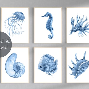 Ocean theme set of 3 or 6 printed wall art, blue bathroom art prints, Sea animal watercolour art work, under the sea, sea shells UNFRAMED
