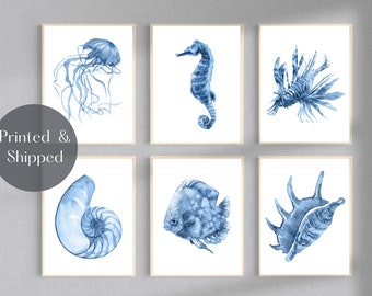 Ocean theme set of 3 or 6 printed wall art, blue bathroom art prints, Sea animal watercolour art work, under the sea, sea shells UNFRAMED