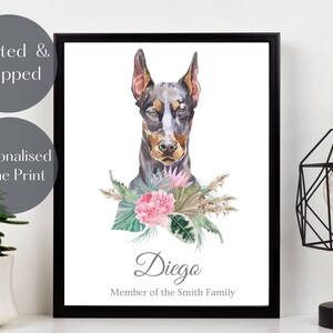 Dobermann Personalised art Print, Custom Dog wall art, Red Dobermann pet portrait watercolour, pet lover gift, pet memorial picture UNFRAMED