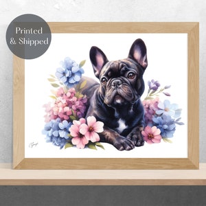 FRENCH BULLDOG PRINT, black frenchie with flowers Wall Art, botanical dog picture, floral  illustration decor Unframed