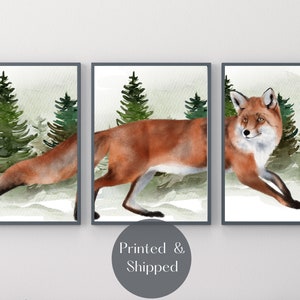 FOX ART PRINT Set Of 3,  Watercolour Forest Animal Wall Decor, Woodland Theme Home Decor Triptych Style Unframed