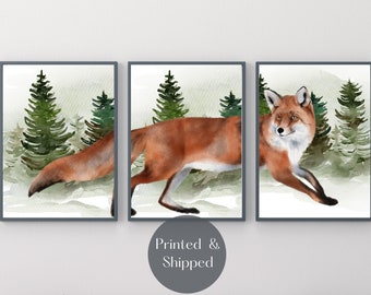 FOX ART PRINT Set Of 3,  Watercolour Forest Animal Wall Decor, Woodland Theme Home Decor Triptych Style Unframed