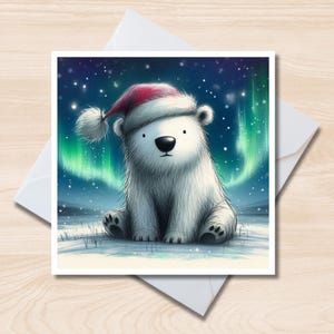 Carte de voeux de Noël avec un ours polaire - Carton de correspondance de 6 x 6 pouces, intérieur vierge, carte de Noël, faune arctique, aurores boréales