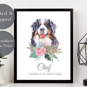 Bernese Mountain Dog art Print, Personalised Dog wall art, Custom Pet portrait watercolour, pet lover gift, pet memorial picture