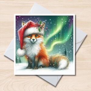 Carte de voeux renard de Noël - Carton de correspondance de 6 x 6 pouces, intérieur vierge, carte de Noël, carte d'anniversaire, faune britannique, aurores boréales