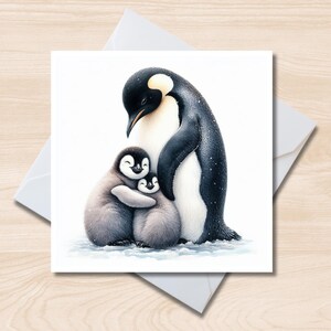 Carte de voeux de famille de pingouins de Noël - carte de correspondance carrée 6 x 6, intérieur vierge, carte de Noël, faune arctique, aurores boréales