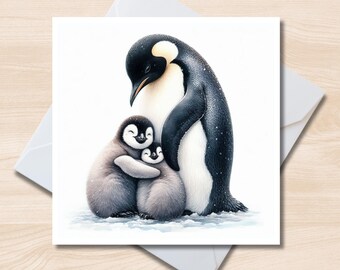Carte de voeux de famille de pingouins de Noël - carte de correspondance carrée 6 x 6, intérieur vierge, carte de Noël, faune arctique, aurores boréales