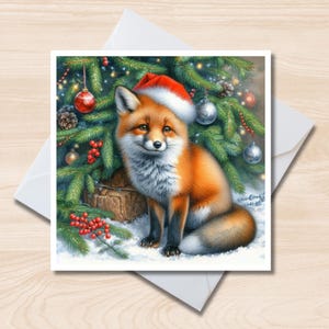 Carte de voeux renard de Noël - Carte de correspondance carrée 6 x 6, Vierge à l'intérieur, Carte de Noël, Carte d'anniversaire, Animaux sauvages britanniques, Sapin de Noël