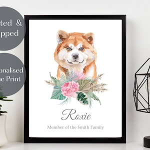 Akita Pet portrait, personalised dog art print, custom name Akita Inu, pet rememberance wall decor UNFRAMED