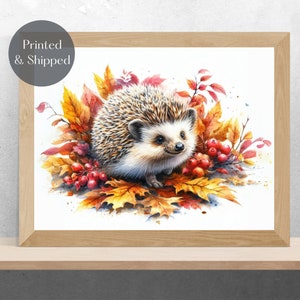 HEDGEHOG AUTUMN PRINT, happy hedgehog Wall Art, british wildlife picture, Autumn Leaves decor Unframed