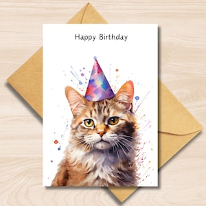 Carte d’anniversaire Ginger Cat, carte de vœux a6 parfaite pour les amoureux des chats, chaton mignon portant un chapeau de fête, pour petite amie, petit ami