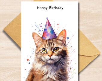 Carte d’anniversaire Ginger Cat, carte de vœux a6 parfaite pour les amoureux des chats, chaton mignon portant un chapeau de fête, pour petite amie, petit ami