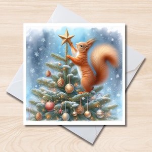 Carte de voeux sapin de Noël écureuil roux - carte de correspondance carrée 6 x 6, intérieur vierge, carte de Noël, faune britannique