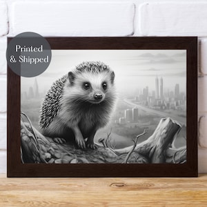 HEDGEHOG CITY PRINT, Urban Hedgehog Wall Art, black and white, british wildlife picture, Habitat loss, conservation decor Unframed