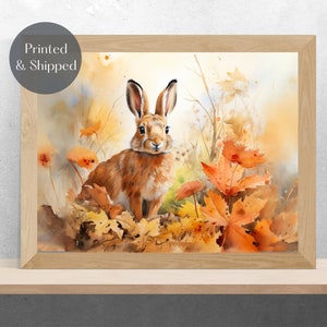 HARE RABBIT PRINT, bunny Wall Art, british wildlife picture, Autumn Leaves decor Unframed