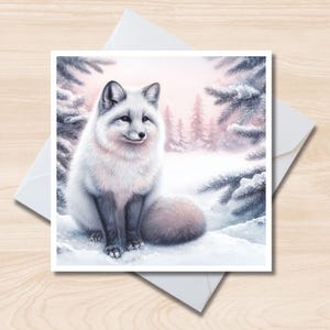 Carte de voeux renard arctique - Carré de 6 x 6, intérieur vierge, carte de Noël, carte d'anniversaire, faune britannique, carte de Noël
