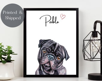 Black Pug Dog Print, Impresión de arte de nombre personalizado, Retrato de mascota, Regalo para amantes del perro, Decoración de pared de raza de perro, Imagen de recuerdo de pug UNFRAMED