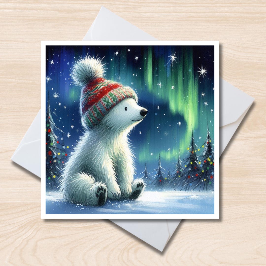 Christmas Polar Bear Greetings Card – 6x6 Square Note Card, Blank ...