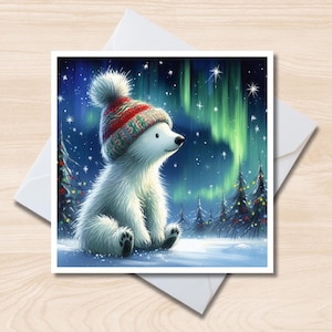 Christmas Polar bear Greetings Card – 6x6 Square Note Card, Blank Inside, Christmas Card, Arctic wildlife, Northern lights