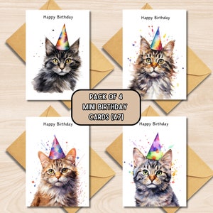 Ensemble de cartes d’anniversaire pour chat de 4, cartes de vœux miniatures A7 aquarelle, paquet de cartes de joyeux anniversaire du chat, petite amie, petit ami