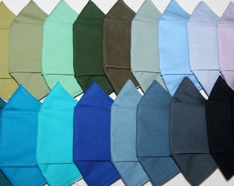 Blues/greens/black collection of solid/plain 3D origami style,all cotton,3 layer face masks. Easy breathe,fit and talk,non slip,comfortable.