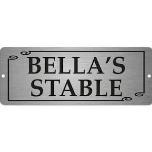 Personalised Stable Sign 20 x 7.5 cm | Brushed Silver Aluminium Horse Name Plaque | With Screw Holes