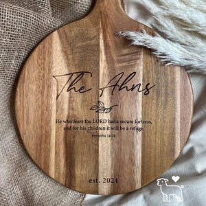 Custom Family Name Cutting Board | Acacia Wood | Bible Verse Gift | Wedding or Housewarming Gift | Christian Home Decor