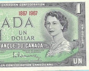 1967 Canada One Dollar, P-84a, UNCIRCULATED ~ UNIQUE Serial 1867-1967 ~ Shipped in the best Protective Mylar Currency holder
