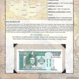 May include: A 10 Tugrik banknote from Mongolia features a portrait of Suskhe-Bataar, a Mongolian historical figure, on the front. The back of the note depicts horses grazing in a mountainous landscape. The note also features the text "10 Tugrik" and "Pic #54".