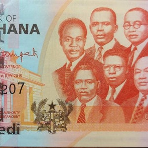 May include: A one Cedi banknote from Ghana featuring a portrait of Kwame Nkrumah, the first president of Ghana, and the text "Bank of Ghana" and "One Cedi".