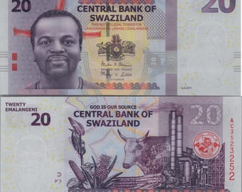 Eswatini (Swaziland) 20 Emalangeni , P37c, 2017, UNCIRCULATED; Features Flower. Corn. Steer