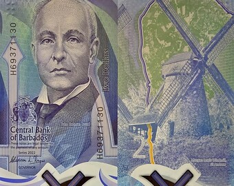 BARBADOS 2 Dollars, B239a, UNCIRCULATED, 2024; Vertical banknote, Windmill