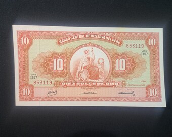 PERU 10 Soles de Oro, P-84, UNCIRCULATED, 1968; Featuring Liberty holding shield
