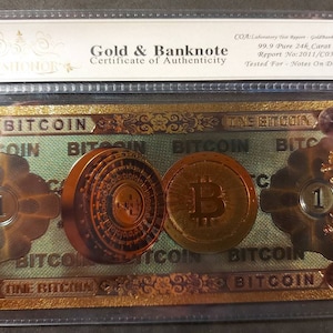BITCOIN Cryptocurrency .9999 GOLD FOIL Note; Come with Holder and Certificate of Authenticity